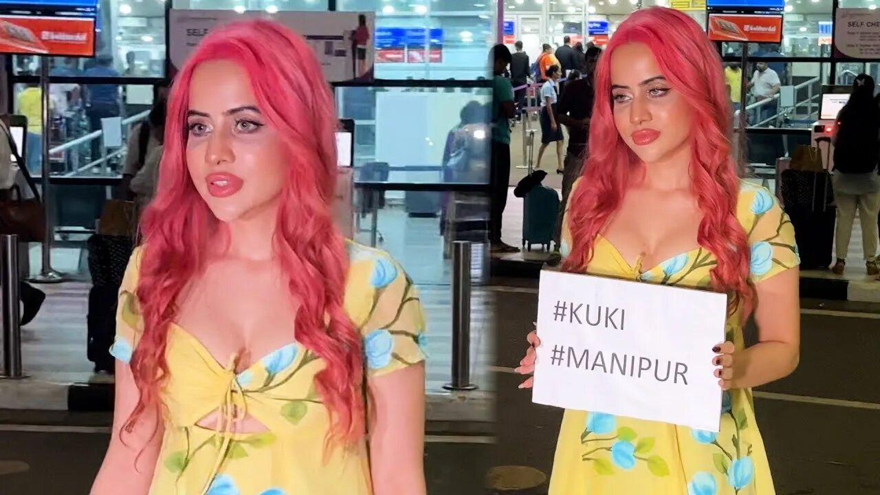 Urfi Javed takes A Text Board in Support of Kiku-Tribe Women #Manipur Kaand at airport 💖📸 🙏🏻