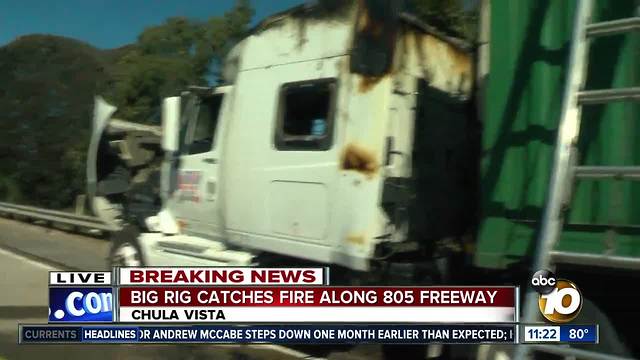 Big rig fire off I-805 leads to traffic backup