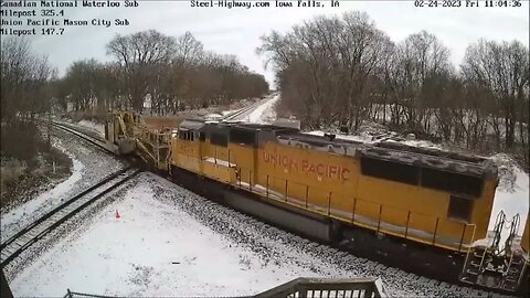 SB and NB Union Pacific Snowplow in Iowa Falls, IA on Febraury 24, 2023