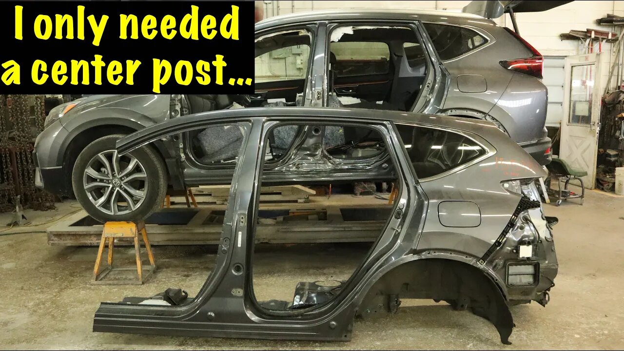 Finishing the repair on the B pillar of the T boned Honda CRV