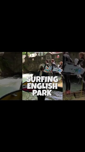 SURFERS SURFING EPIC WAVES IN ENGLISH PARK, MUNICH
