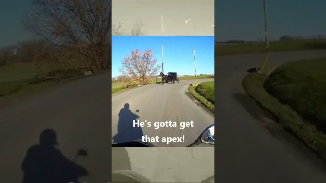 Amish buggy taking a racing line around a corner with oncoming traffic - mildly humorous