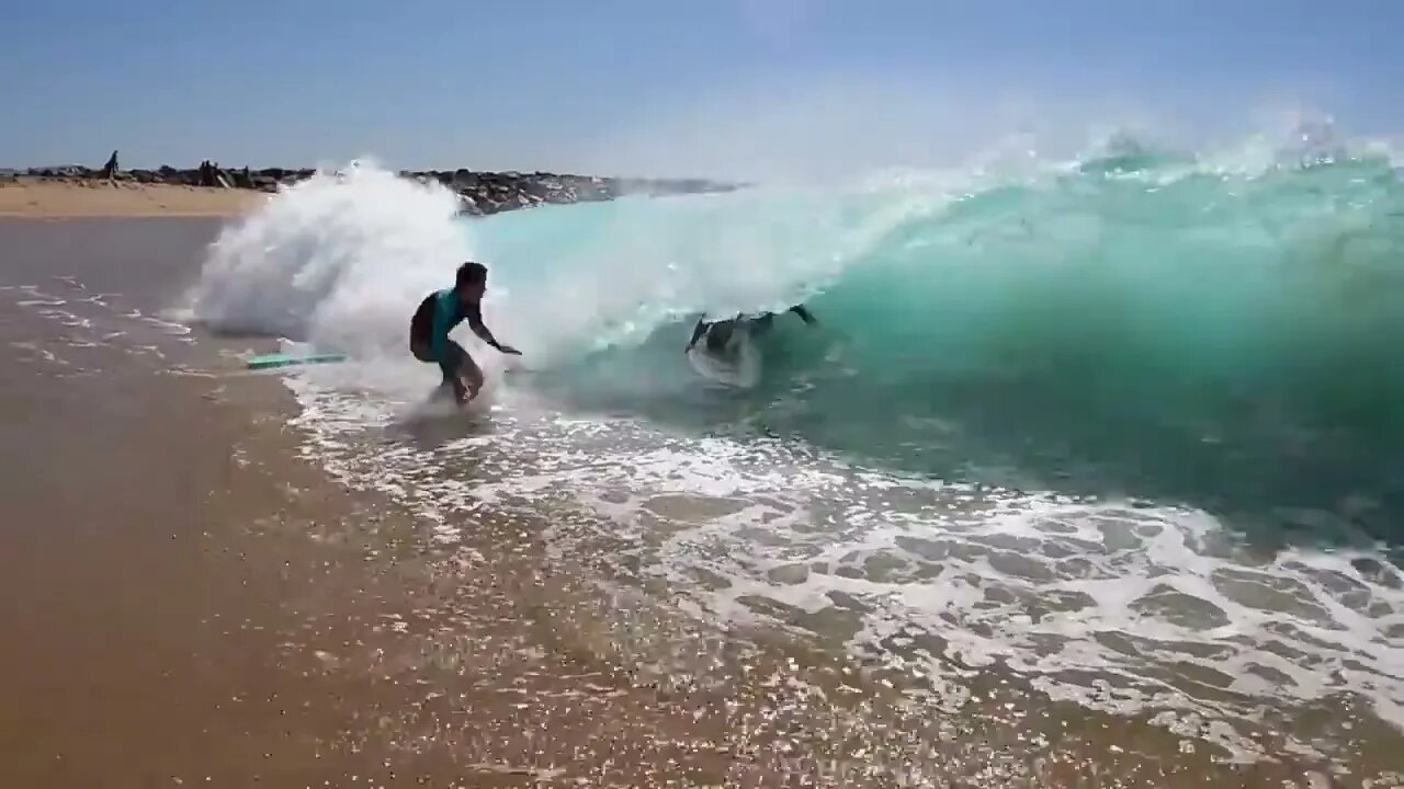 Surfing and Skimboarding WEDGE on massive HIGH TIDE