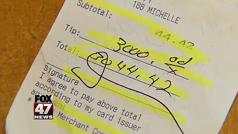 A waitress receives a $3,000 tip