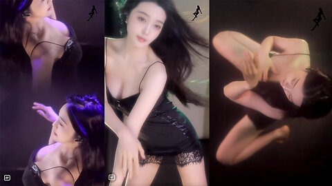 Sexy dance streamer in a strap dress, showcasing long legs, collarbone, and cleavage with seductive moves