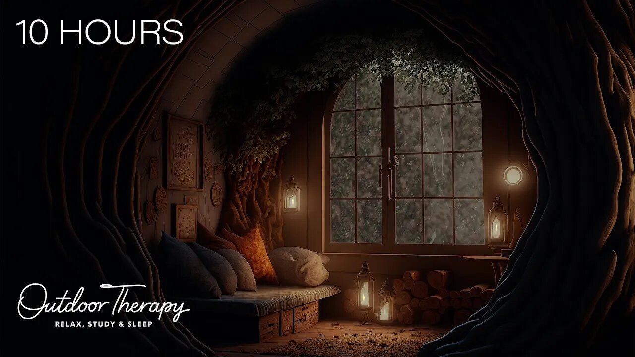 Cozy Stormy Night in a Hobbit House | Rain on the Window and Low Rumbling Thunder Ambience |10 HOURS