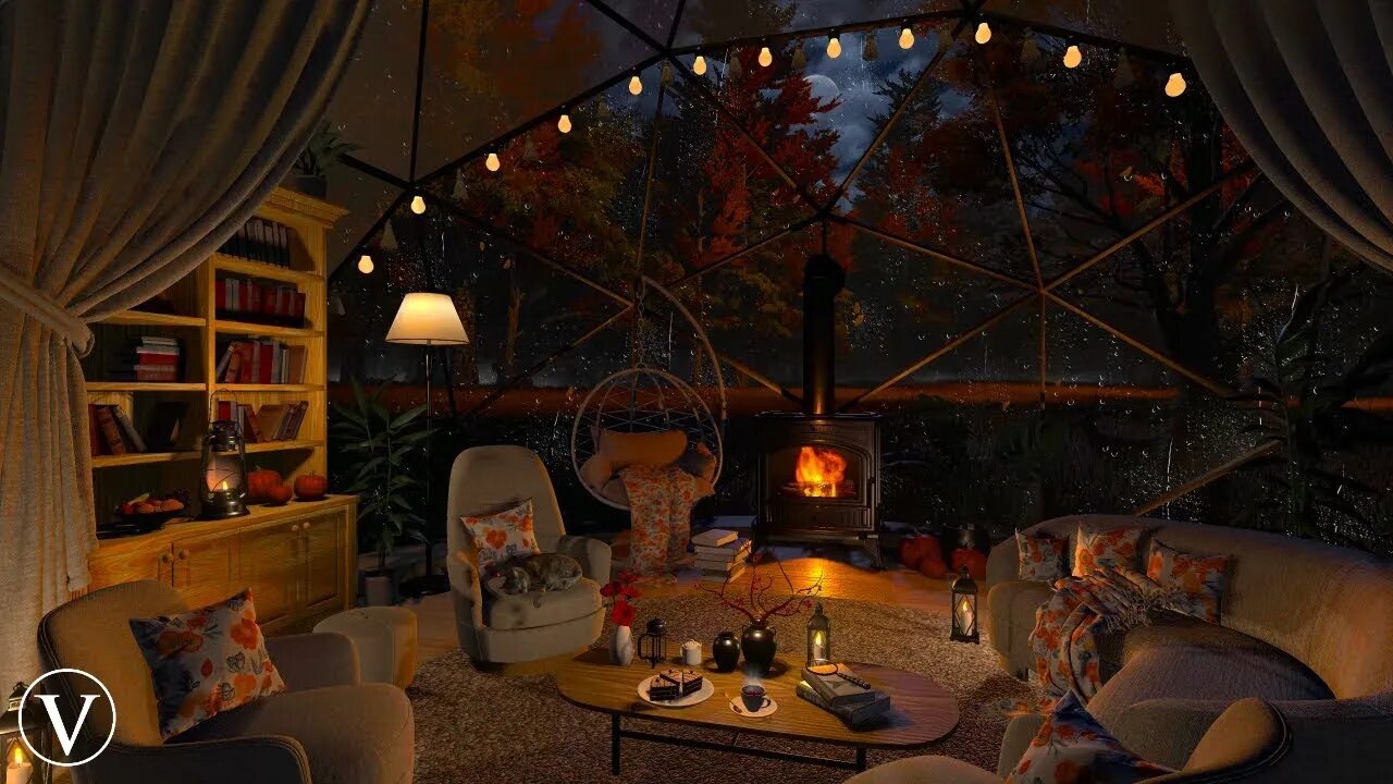 Autumn Glamping Hut | Night Ambience | Wood Stove Fire, Wind, Rain & Thunderstorm Sounds