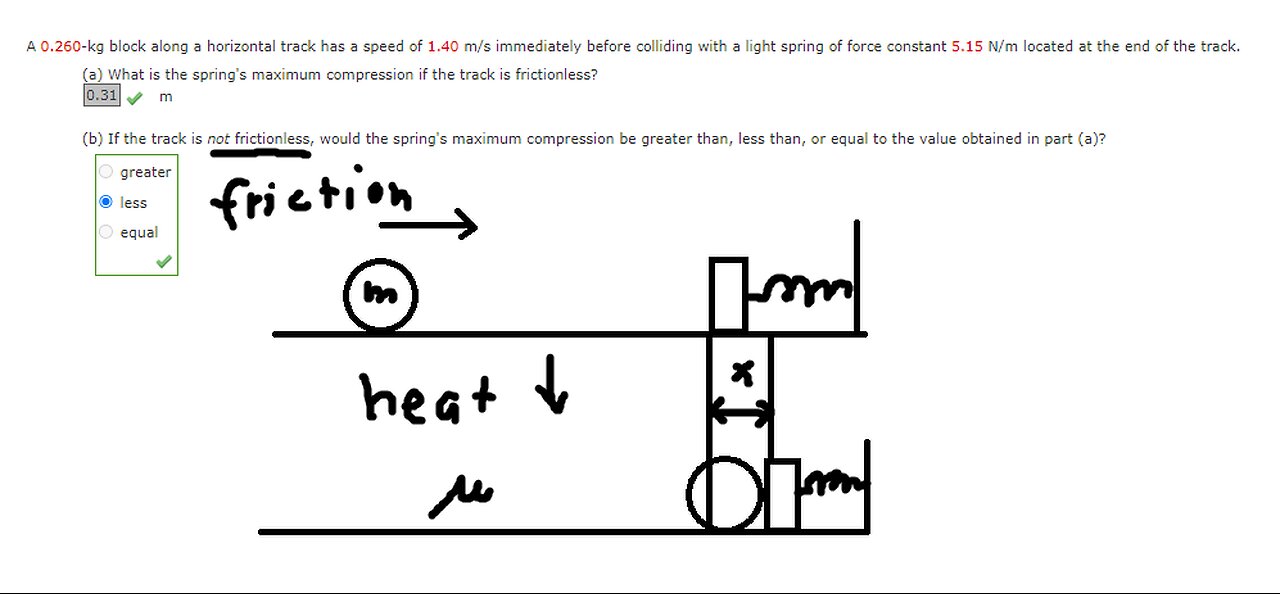 A 0.260-kg block along a horizontal track has a speed of 1.40 m/s immediately before colliding