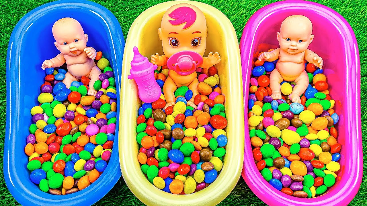 Oddly Satisfying Video | Full of 3 Rainbow BathTubs Candy with M&M's & Magic Slime