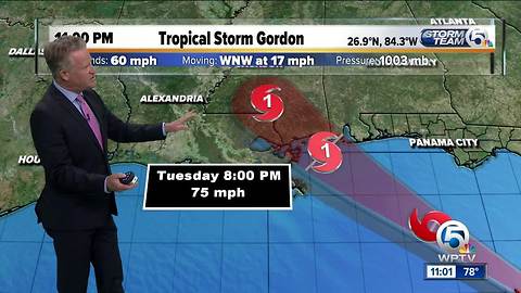 Tropical Storm Gordon moving quickly across the eastern Gulf of Mexico