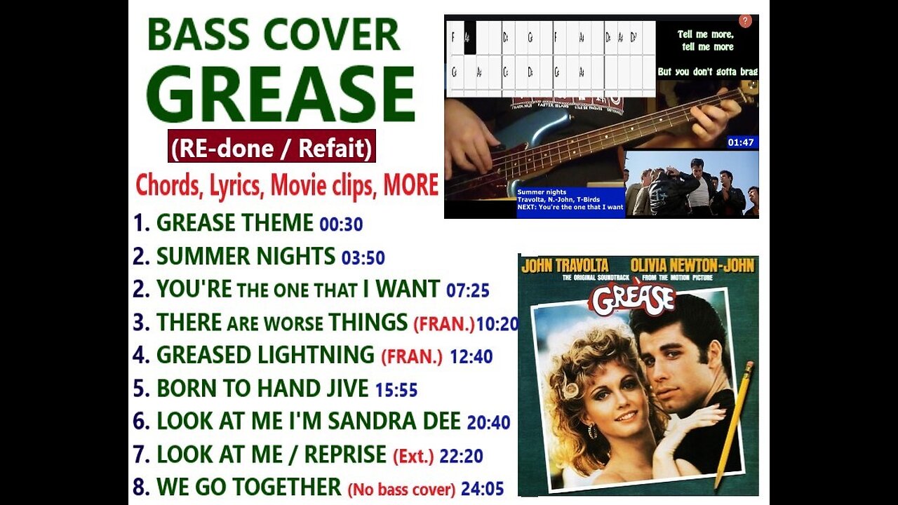 Bass cover "GREASE" (Brand NEW) _ Chords, Lyrics, Clocks, Movie clips