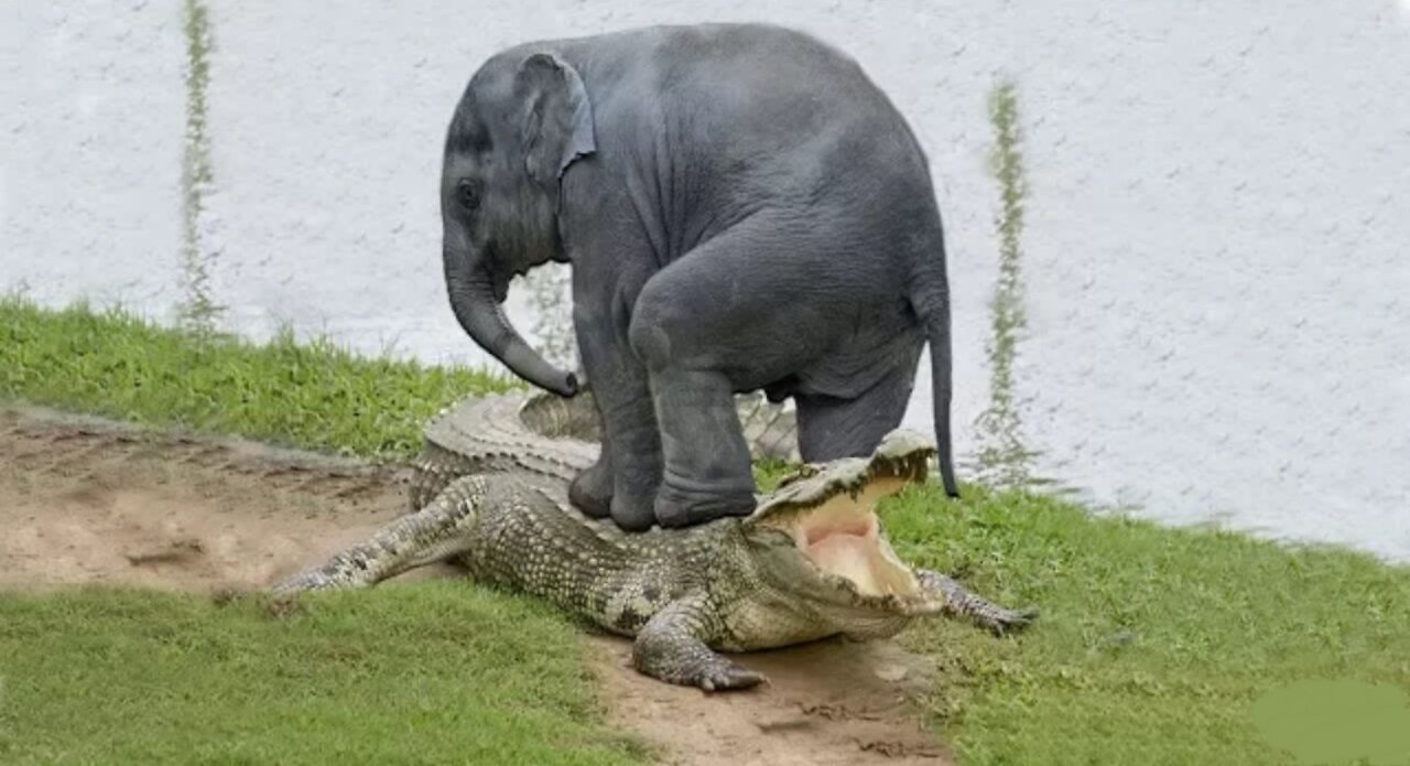 the crocodile attacked the baby elephant