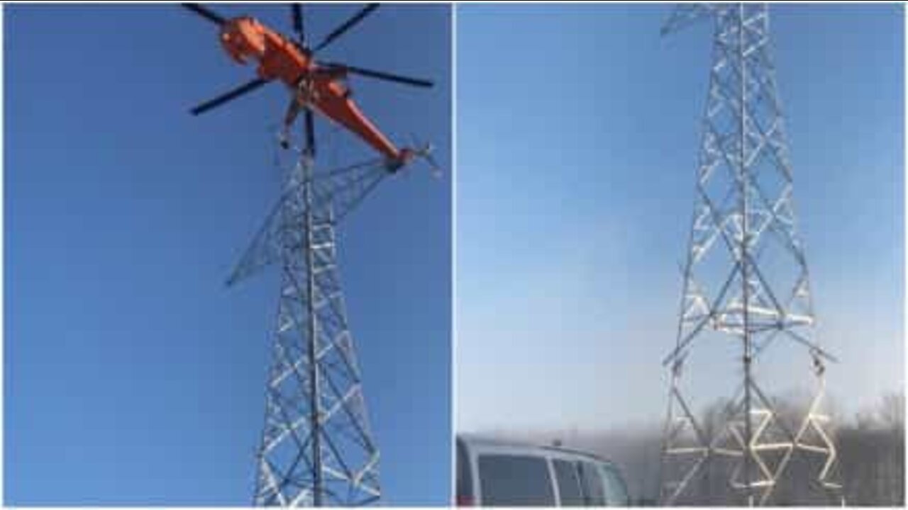 Torre de alta tensão é montada apenas com um helicóptero!