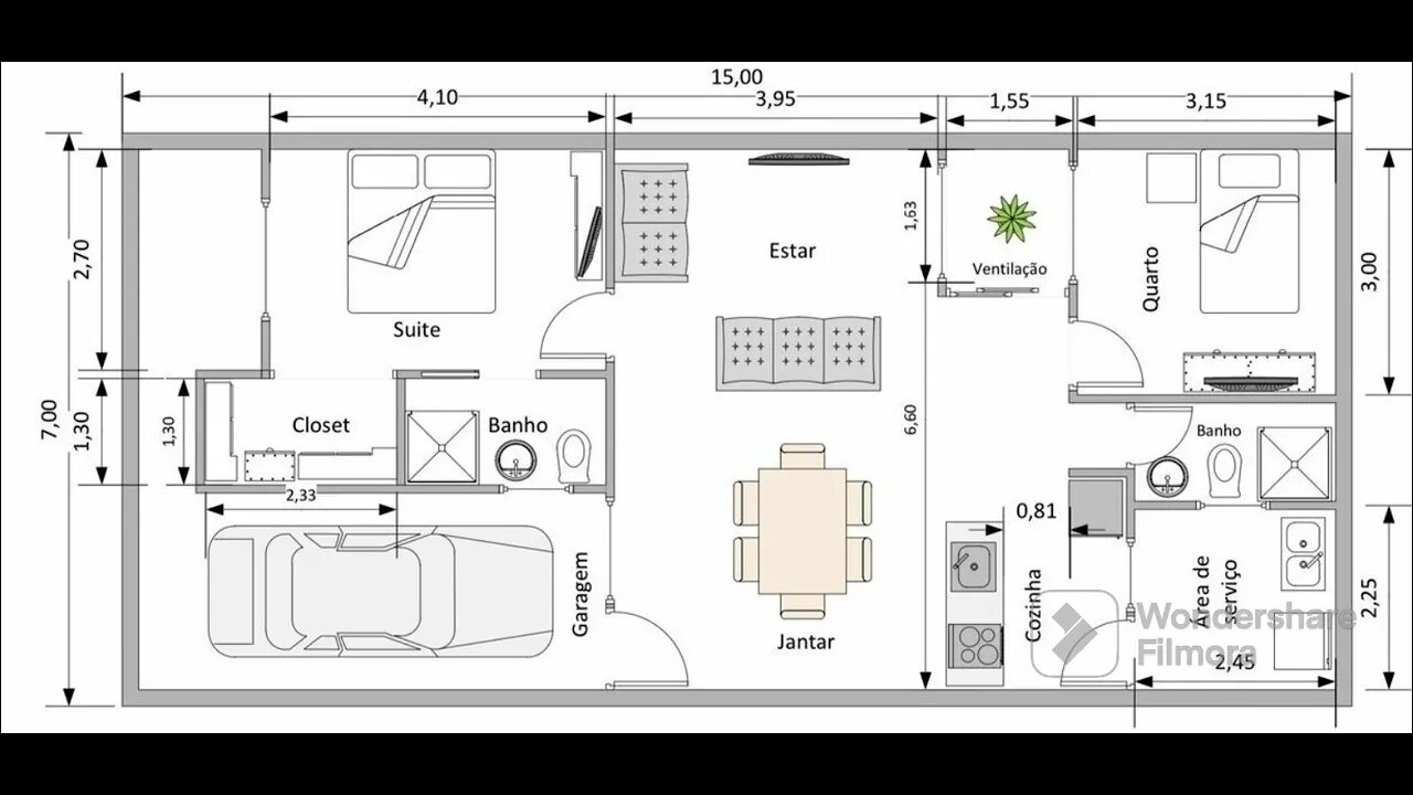 planta baixa terreno 7x15 /com área de ventilação