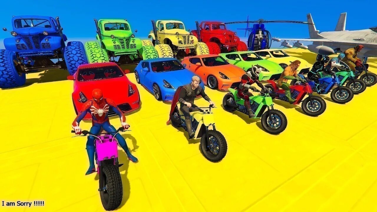 GTA V Mega Ramp On Bikes, Fighter Jets & Boats By Monster Trucks , Cars Spider man Racing Challenge