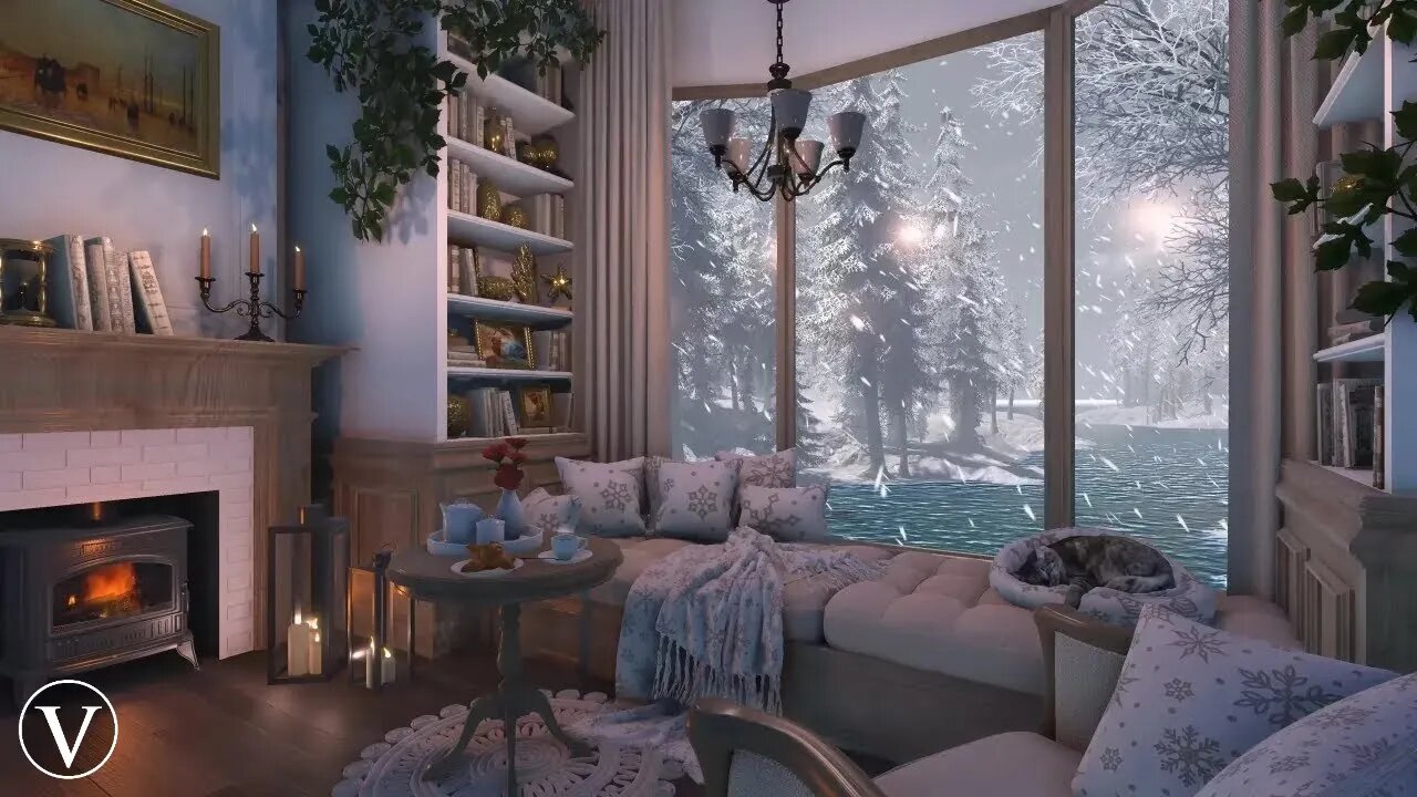 Winter Window Nook | Daytime Ambience | Wood Stove Fireplace, Wind & Snowstorm/Blizzard Sounds