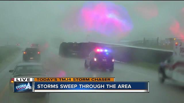 Strong winds tip over semi in Sheboygan County