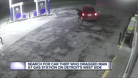 Search for car thief who dragged man at gas station on Detroit's west side