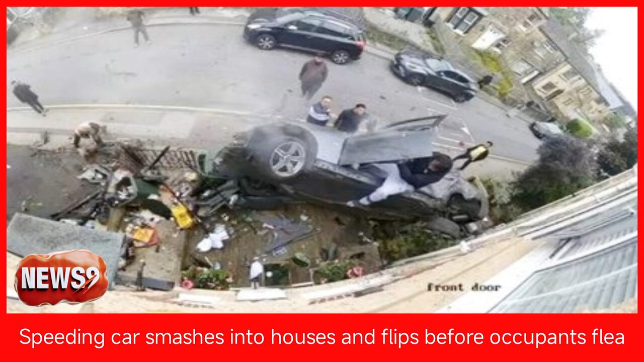 Speeding car smashes into houses and flips before occupants flea