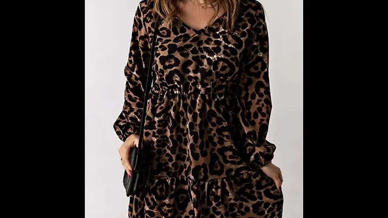 LEOPARD V-NECK BALLOON SLEEVE TIERED DRESS