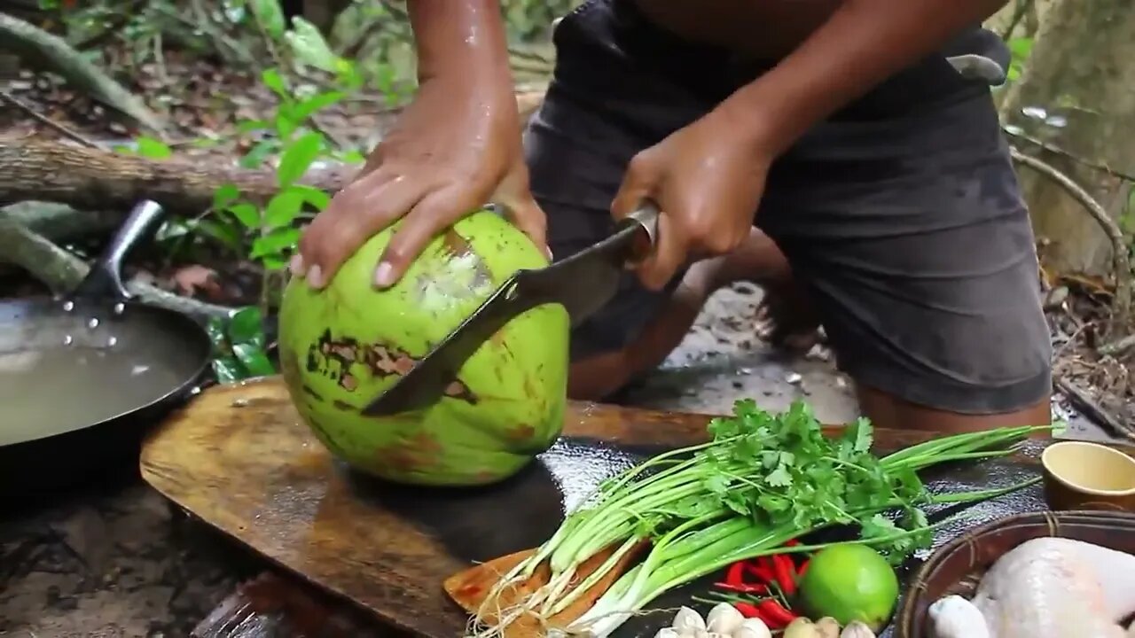 Cooking Coconut Chicken Leg Recipe eating so Yummy - Use Coconut water Cook Chicken Meat in Fry Pan1