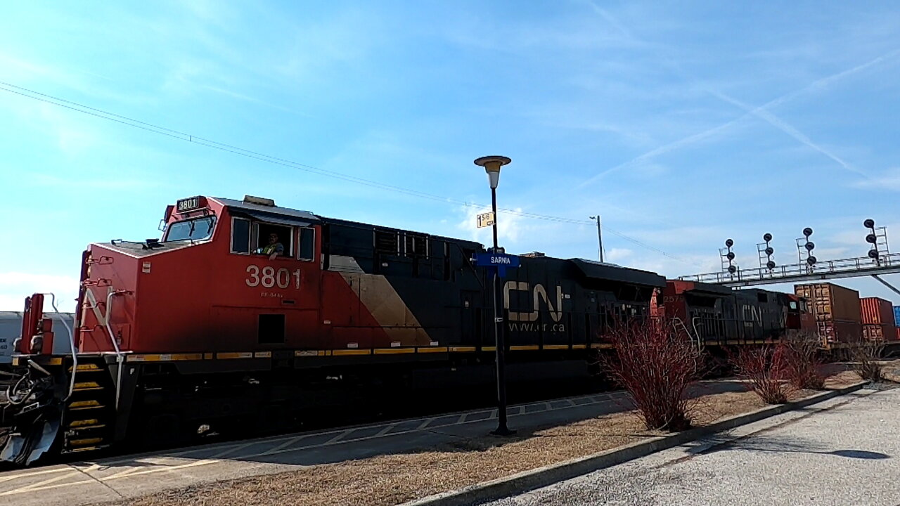 CN 3801 & CN 2579 Engines Intermodal Train Eastbound In Ontario