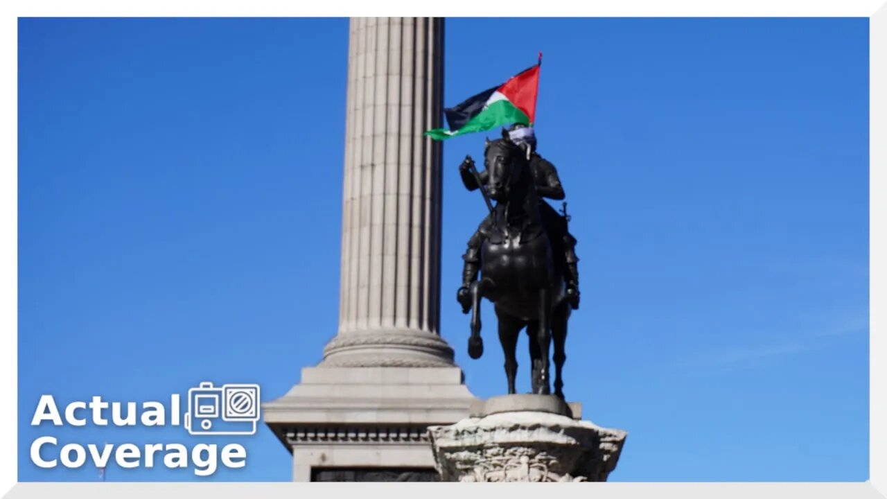 Palestinian flag remains on KING CHARLES I at TRAFALGAR SQUARE