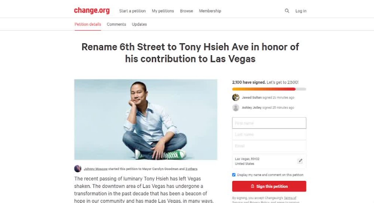 Petition to honor Tony Hsieh with street name in Las Vegas