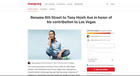 Petition to honor Tony Hsieh with street name in Las Vegas