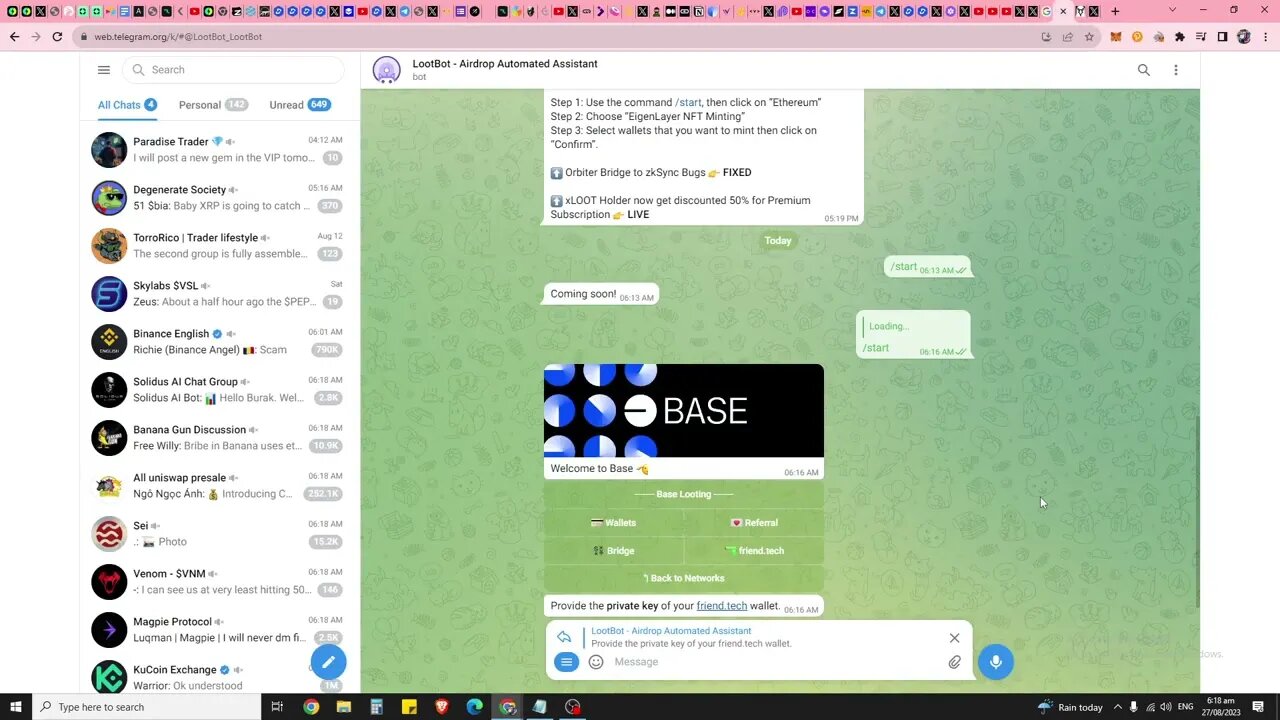 Automate Your Airdrop Hunting On Base? Want To Snipe Friendtech Keys Early? Use This Telegram Bot!