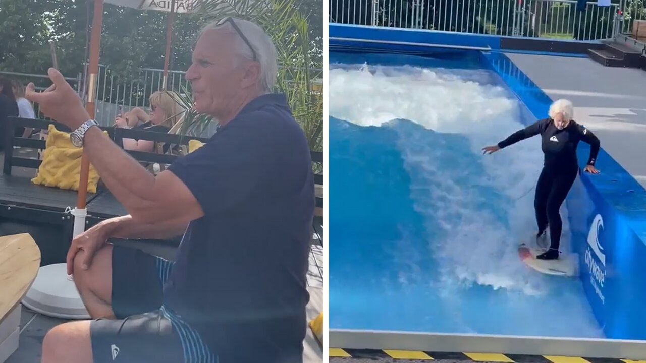 Grandpa films his amazing wife smashing it on the surfboard