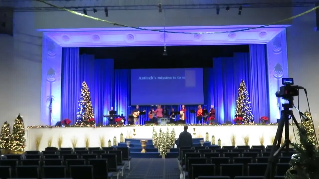 Antioch International Church in Fort Mill, SC - decorated for Christmas, the worship team practices.