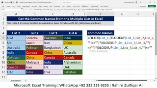 Compare Multiple Lists & Extract Matching / Common Names in Separate Column in Microsoft Excel