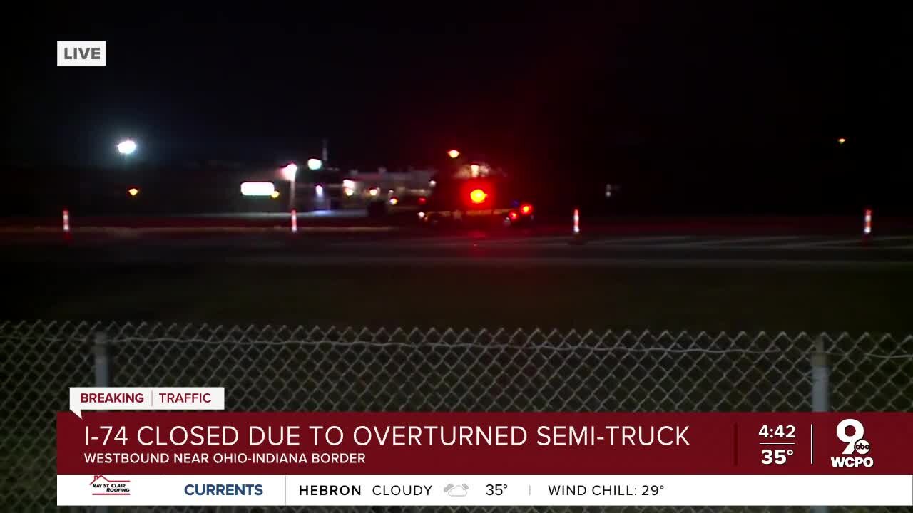 I-74 west near Ohio-Indiana border closed due to overturned semi-truck