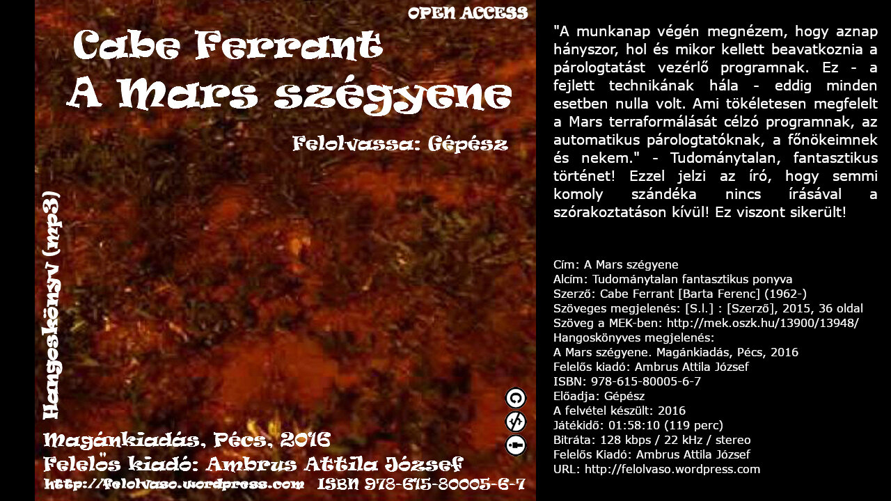 Cabe Ferrant: A Mars szégyene. Magánkiadás, Pécs, 2016