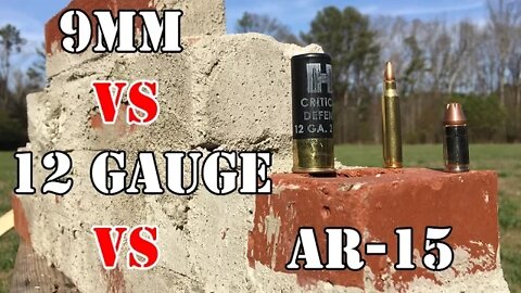 9mm vs AR 15 vs 12 Gauge... Brick Wall House Test