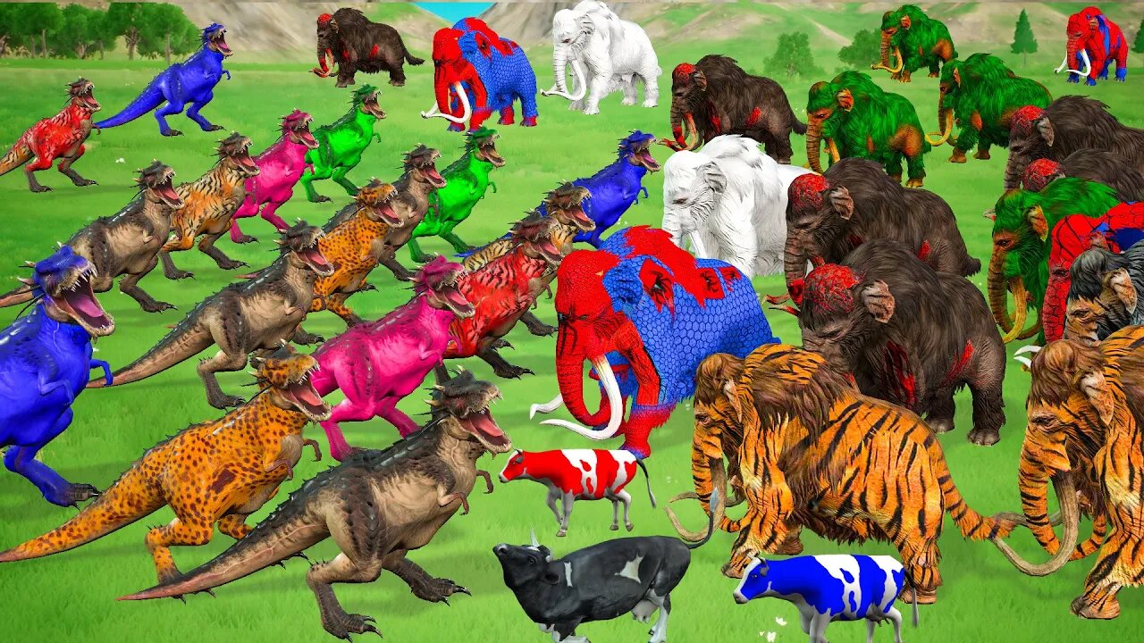 20 Giant Dinosaur vs 20 Zombies Mammoth T-Rex Attack On Cow cartoon family Animal Epic Battle videos