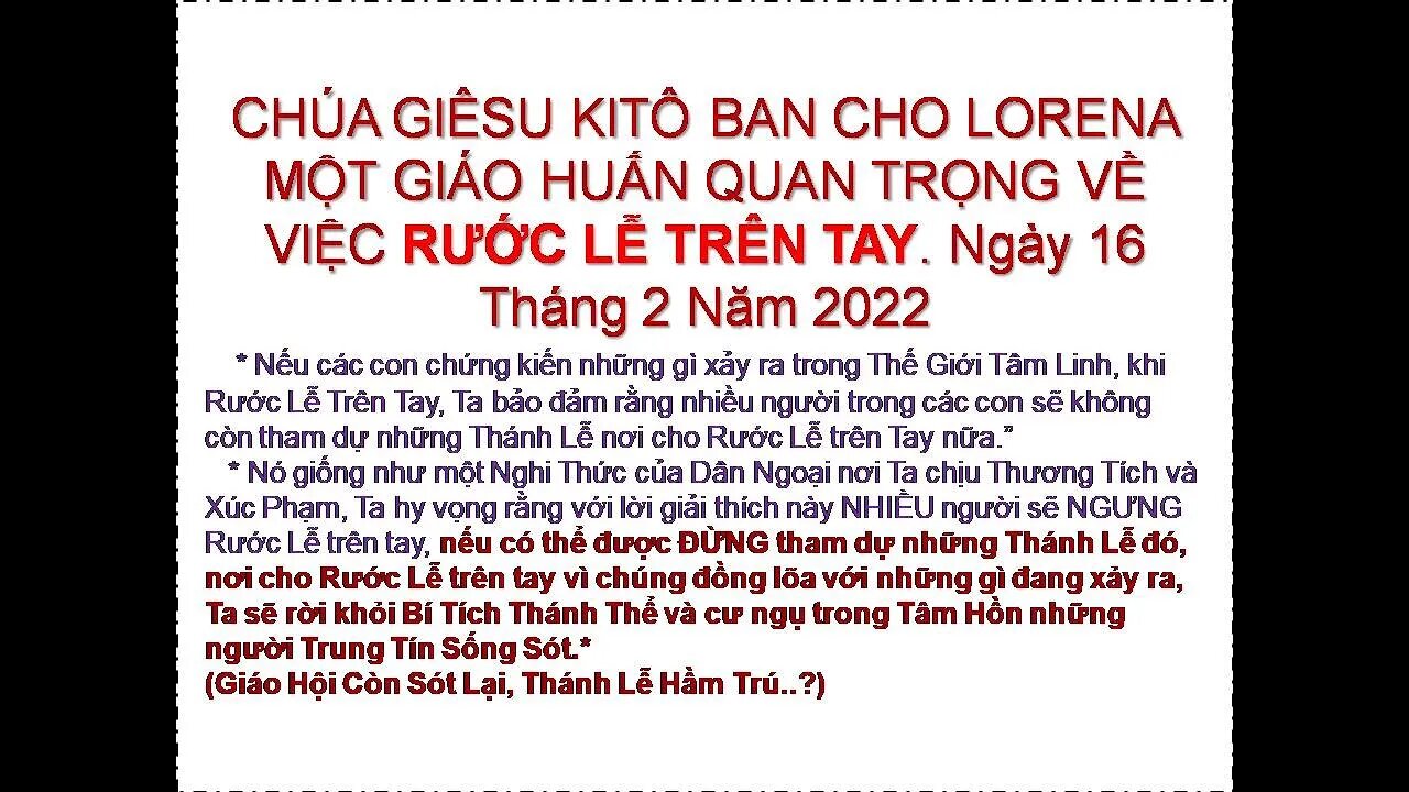 Rước Lễ trên tay đối với Ta là sự XÚC PHẠM, một HÀNH ĐỘNG GÂY TỔN THƯƠNG THÁNH TÂM TA..