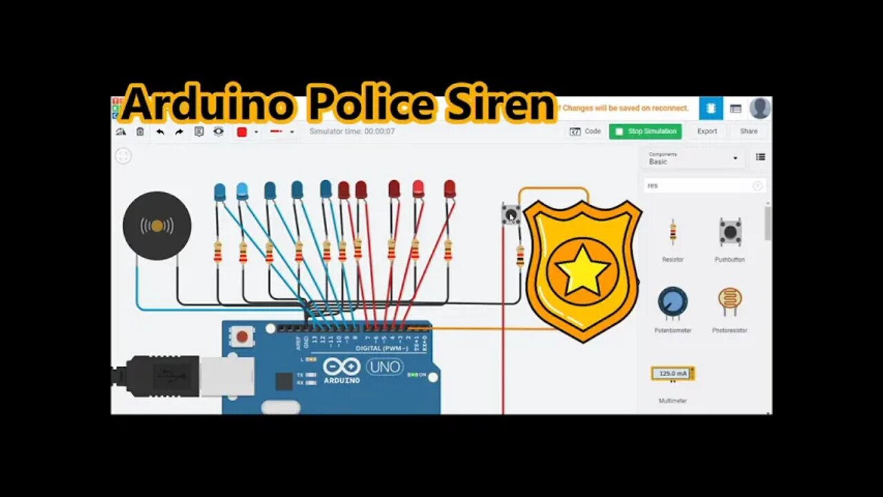 Arduino Police Siren with LEDs on Tinkercad