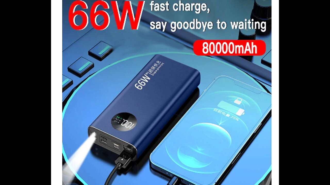 66W Super Fast Charge Power Bank Portable 80000mAh for iPhone Huawei Xiaomi