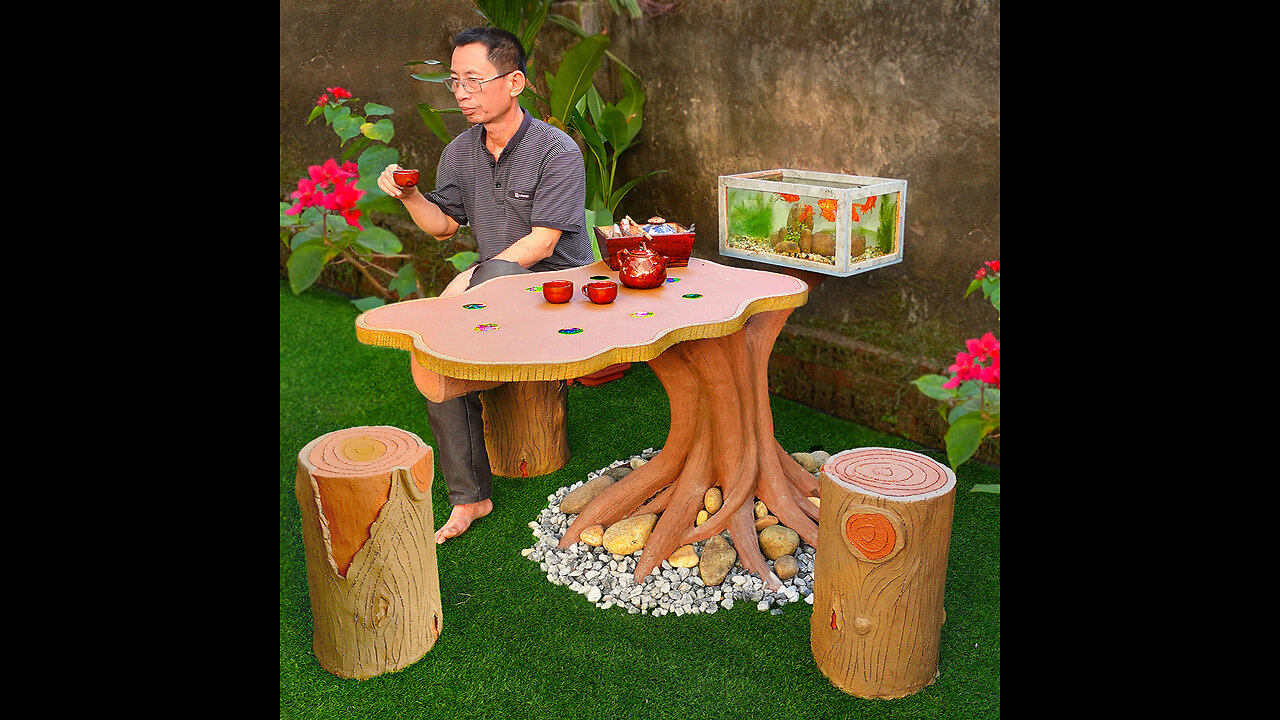 Tips to DIY outdoor table with mini aquarium from cement and glass bottles