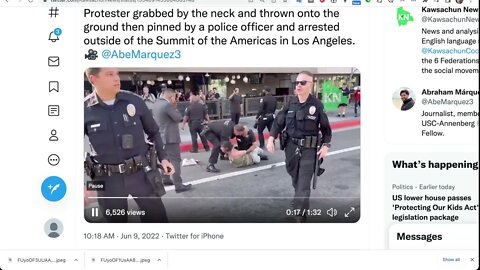 抗議者被抓住脖子扔在地上，然後被一名警察按住，並在洛杉磯美洲峰會外被捕