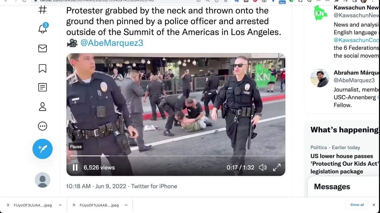 抗議者被抓住脖子扔在地上，然後被一名警察按住，並在洛杉磯美洲峰會外被捕