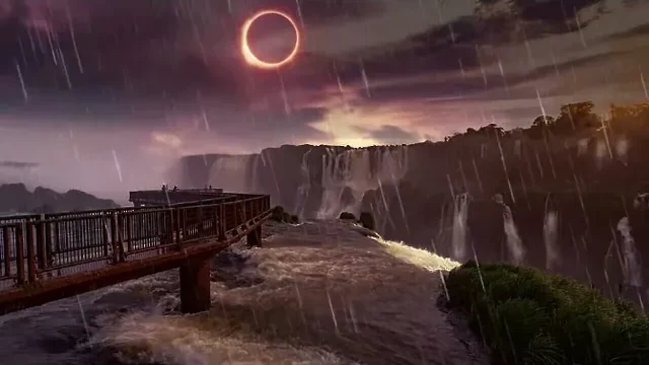 3 Hours - Eclipse with Rain, Thunder Sounds With Many Waterfalls In View