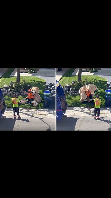 Men Collecting The Garbage Have Fun Picking Up A Giant Teddy Bear