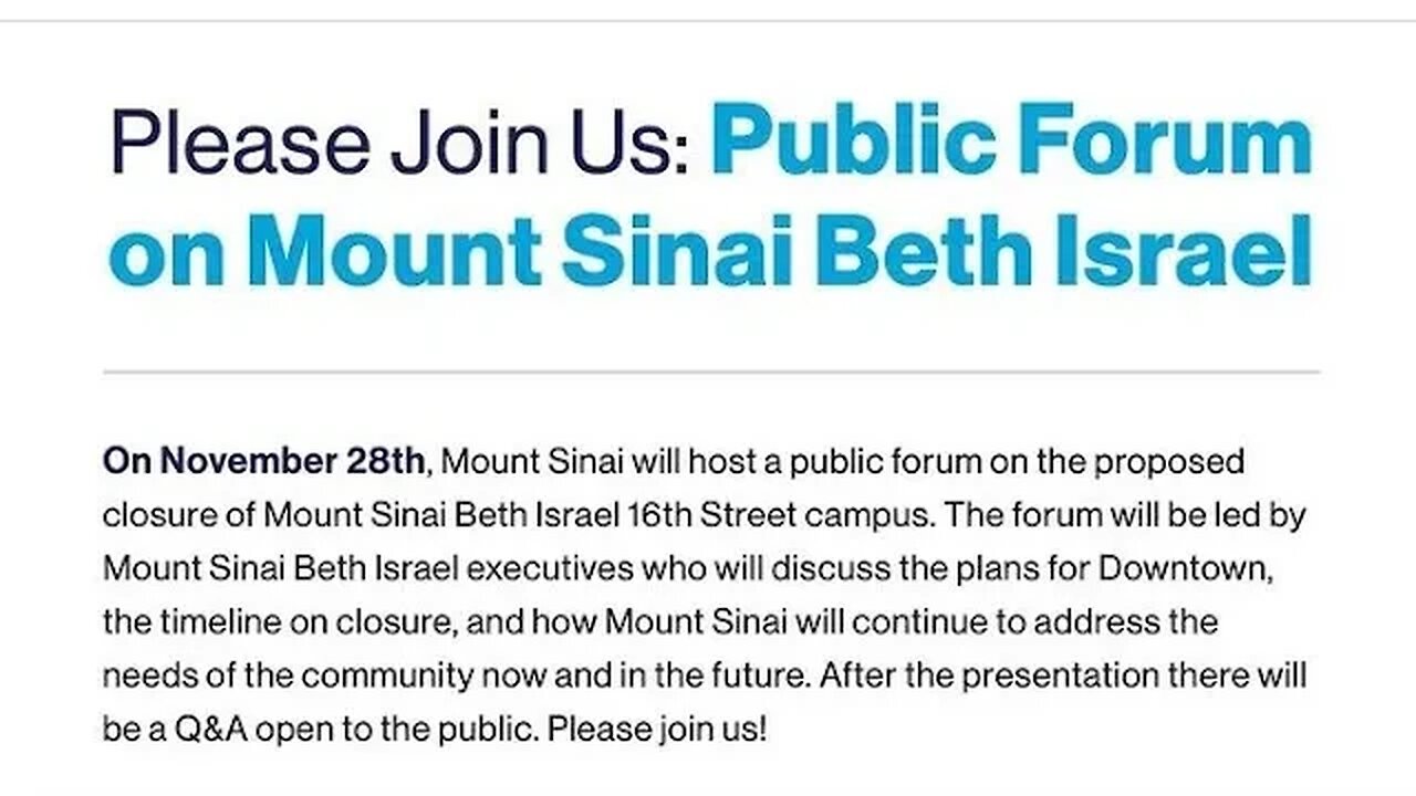 Public Forum on Mount Sinai Beth Israel 11/28/23 Bottcher/Gonzalez/Kavanaugh/Rivera/Epstein/Glick