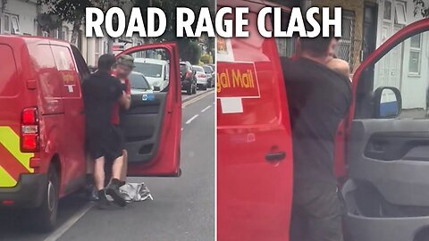 Ugly road rage brawl sees postman grabbed by the neck and shoved inside his van