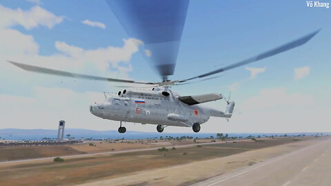 Giant military transport helicopter Mi-6 flies in rehearsal