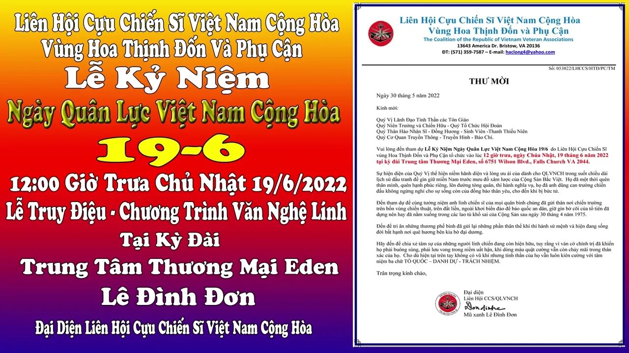 Thông Báo Lễ Kỷ Niệm 19 6 Ngày Quân Lực Việt Nam Cộng Hòa Eden Center Ngày 19/6/2022 Lúc 12:00 Trưa.