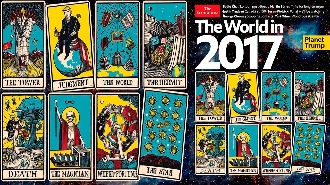 LA RIVISTA D'OCCULTURA THE ECONOMIST-THE WORLD IN 2017 LE PREVISIONI DEI TAROCCHI IN COPERTINA questa copertina uscì come tutti gli anni a novembre nel 2016 e nelle carte della copertina mostravano il futuro eh ripeto